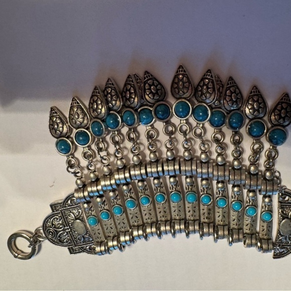 Turquoise Silver-Tone Statement Bracelet - Women Jewelry